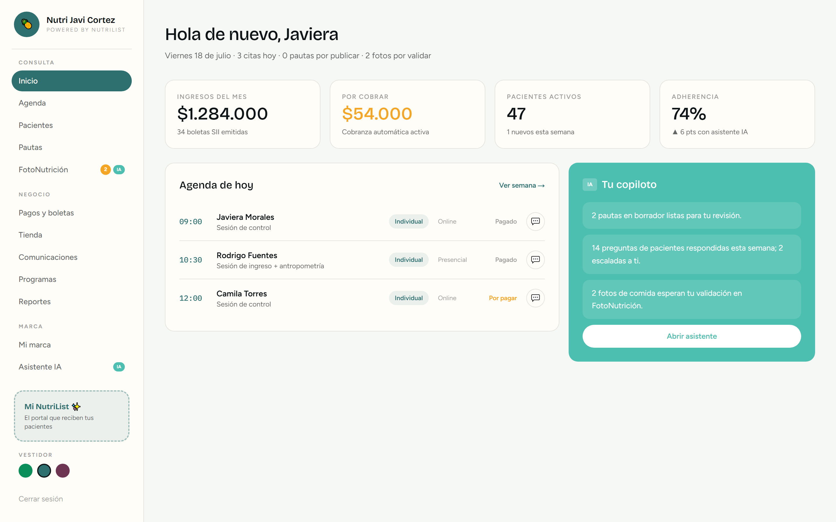 Panel de NUTRILIST Pro: agenda del día, ingresos, cobranza y copiloto de IA